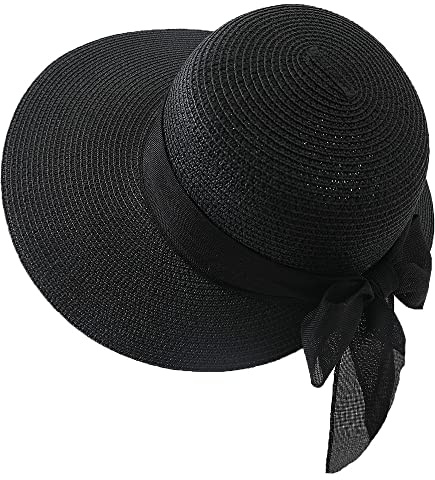 Stroh Damen Hut Strand Sonnenhut UV Schutz Strohhut Frauen Sommer Strandhut mit Schleife Atmungsaktiv Sommerhut Outdoor Sun Visor Hüte Krempe Schlapphut Schirm Verstellbar Outdoorhut für Urlaub