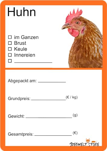 Wodtke-Werbetechnik Metzger-Etiketten 100 Stück, Wildfleisch, Fleisch, Wurst, 6 x 9 cm, Orange, Plastikfolie