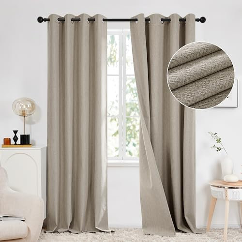 Deconovo Double-sided Faux Linen Total Blackout Curtains Eyelet, Window Treatments, Thermal Insulated Curtains for Living Room, 46x90 Inch(Width x Length), Linen Grey, 2 Panels