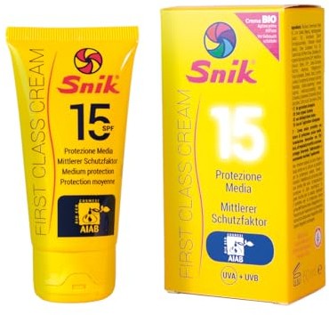 Snik FIRST CLASS CREAM | Crema Solare Viso Professionale Montagna, Sci, Sport Estremi | Esposizione Prolungata al Sole | BIOLOGICA con CAROTENE | SPF 15 Protezione Media UVA+UVB | Tubetto 50 ml.