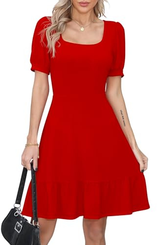 Missufe - Abito estivo da donna, a linea A, abito skater, con volant, maniche a sbuffo, a maniche corte, swing, per il tempo libero, Colore: rosso, M