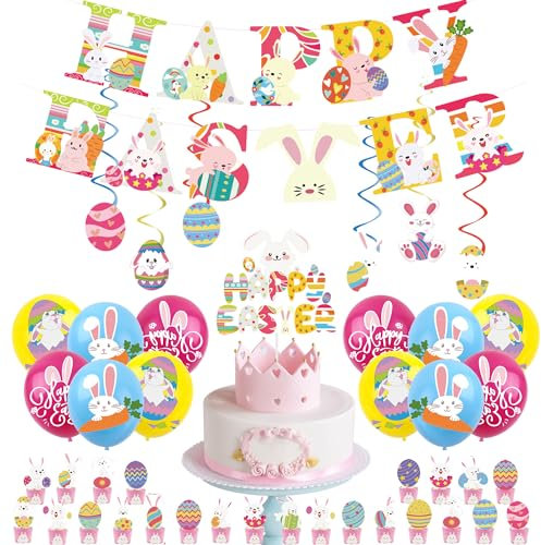 44Pcs Easter Bunny Egg Decorations for Home Easter Day Party Balloons,Rabbit Bunny Decor Banner Bunting,Cake Toppers,Cute Bunny Hanging Swirls for Decorations Egg Hunt Supplies
