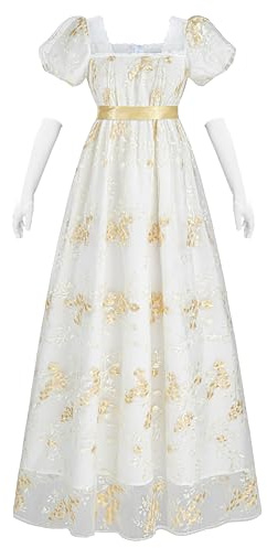 NSPSTT Women Regency Dresses Puff Sleeves Empire Waist Victorian Dresses Tea Party Gown Vintage Dress Empire Waist Dress Victorian Abendkleid with Gloves