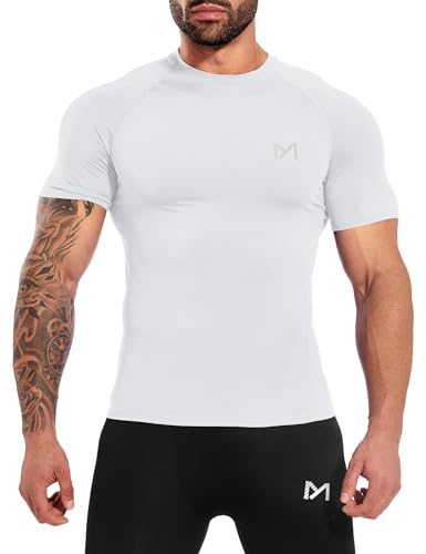 MEETYOO Hauts Compression de Running Homme,Maillot de Fitness Fonctionnel à Manches Courtes Maillot de Sport Homme Respirant Maillot de Course pour Sports Jogging Musculation,Blanc,S