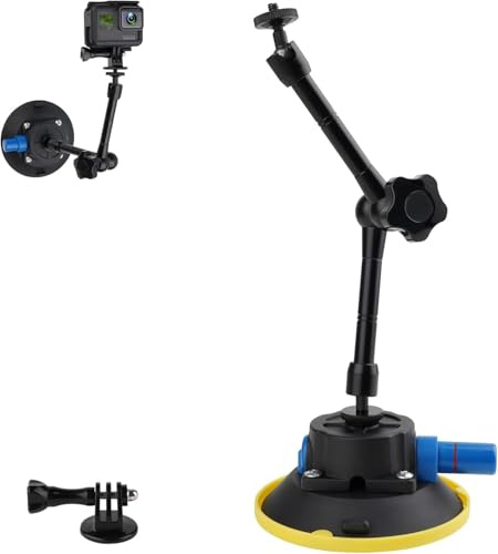 Camera Suction Cup Mount Compatible with GoPro Hero/Insta 360/DJI OSMO/AKASO/DSLR/Camcorder Devices,Magic Arm Car and Boat Windshield Window Mount,4.5 Air Pump Vacuum Suction 10 Aluminum Alloy Arm