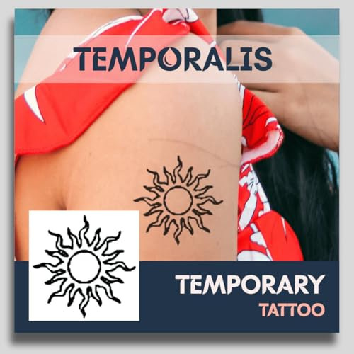 Faux Tatouage SOLEIL - Temporalis® | Tatouage Ephemere Femme et Homme – Cosmétique Certifié UE, Encre Vegan & Waterproof – Dure 1 à 2 semaines [ Tattoo Conception solaire ]