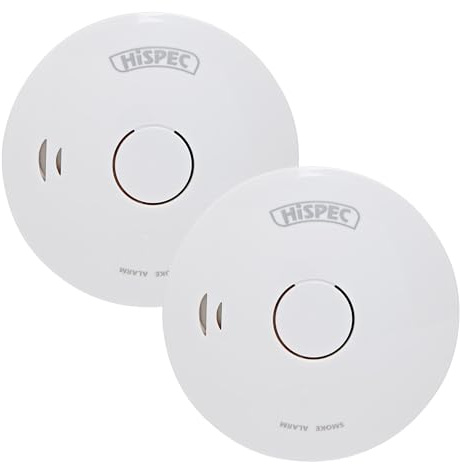 Hispec Battery Operated Smoke Detector Twin Pack, 10 Year Sealed Lithium Battery, Hush Feature, 85dB Alarm, Low Battery Warning, Power/Alarm Test Button, Wall Plugs & Screws Included