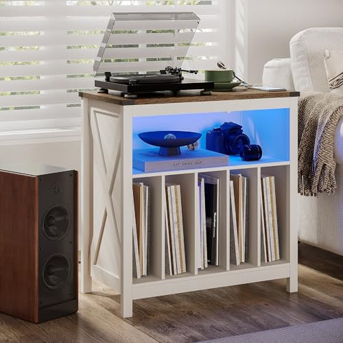 ChooChoo Large Record Player Stand with Charging Station & LED Light, Vinyl Record Holder hold up to 300 Albums, Farmhouse End Table for Bedroom, Living Room, Antique White