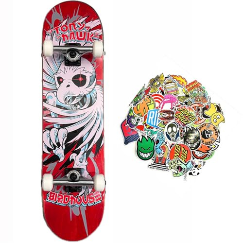 BIRDHOUSE X Tony Hawk Professionelles Skateboard Einstiegslevel Stage 1 – sehr gute Leistung + 20 Skate-Sticker (Hawk Rot, 8,0 Zoll)
