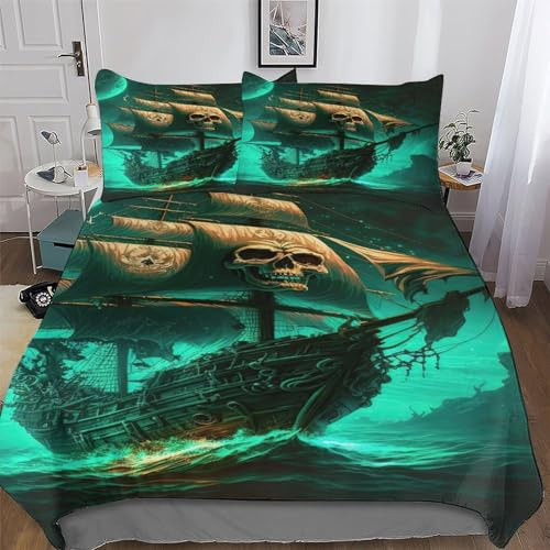 AAPZY Totenkopf Pirate Ship Bettwäsche Premium Atmungsaktive Angenehme Bettbezüge, Mit Reißverschluss Bettdeckenbezug, 2teilig Bettbezug + Kissenbezug Single (135x200cm)