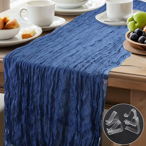 Tischläufer Käsetuch 90 x 400 cm Staubiges Blau Boho Transparente Läufer Tisch Hochzeit Gaze Stoff Rustikale Käse Tuch für Braut Dusche mit 2 großen Tischtuchklammern und 2 kleinen Tischtuchklammern