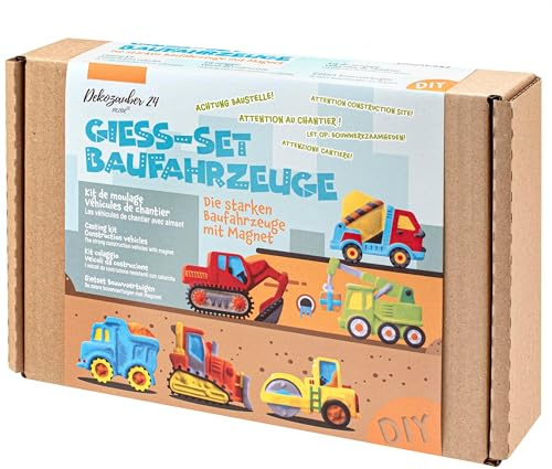 Dekozauber24 Motive selber gießen und anmalen - Jungs Bastelset zum Gips giessen mit 6 Figuren für Kinder von 4 bis 8 Jahren - Geschenk Gießset zum Basteln mit Magneten (Baustelle)