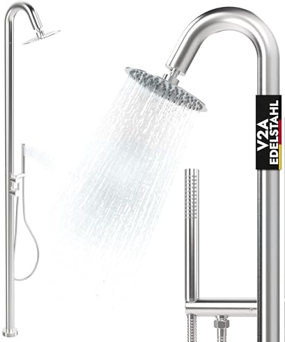 Gartendusche Edelstahl V2A/304 rostfrei mit Handbrause | 2 Anschlüsse, Warm Kalt, Edelstahl Regendusche, Pooldusche Außendusche, Sauna Dusche Outdoor