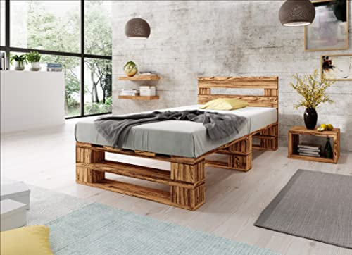 Lermowood Palettenbett M2 aus Holz 90 x 200 cm Geflammt mit Kopfteil Holzbett 40cm Stabiles Seniorenbett Kinderbett Jugendbett Gästebett erhöhtes Einzelbett Bettgestell Futonbett Komforthöhe Naturholz