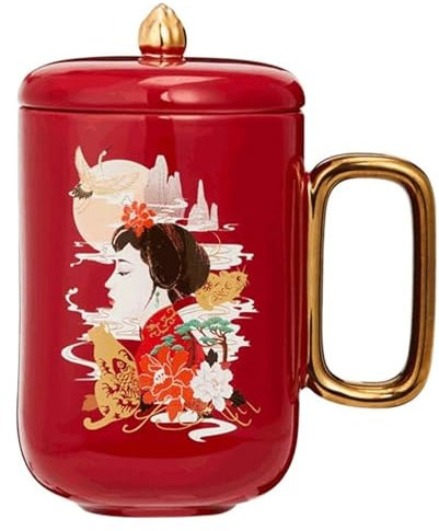 Taza Juego de tazas de estilo chino clásico con tapa, taza de café for parejas de 12,7 onzas, taza de bebida creativa for café, leche, té, zumo, Etc. Con asas(Red)