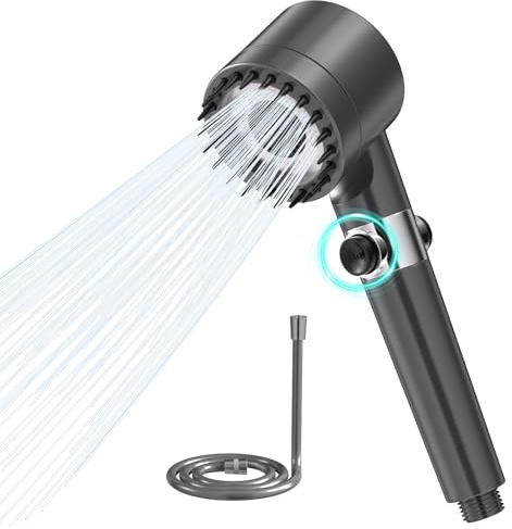 Gratuipolmep Soffione Doccia, Doccino per Doccia con Filtro ad Alta Pressione, Doccetta a Risparmio Idrico con1.5m Tubo Doccia, 3 Modalità di Spruzzo e Pulsante Arresto, per Rimuovere Cloro Residuo