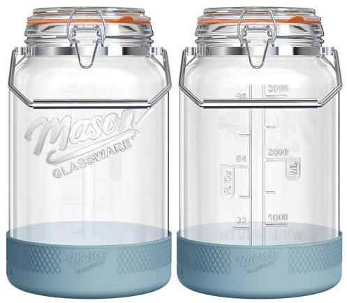 Dwbligt 2 Packs 1 Gallon Glass Jars with Airtight Lids, Wide Mouth Mason Jars with Clip Top & Stainless Steel Handle & Silicone Base, Glass Storage Containers for Kitchen Storage, Pickling-Dual Scale