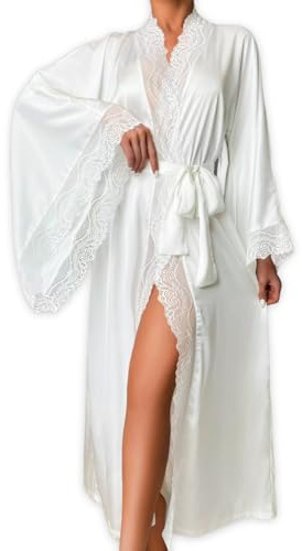 ChiaoLezhee Silk Long Robe For Women, Satin Lace Trim, Bride Wedding Night, Bridal Bridesmaid Kimono Robes Lightweight Boudoir Outfits Sexy High Slit Bathrobe Kimonos, White, Large