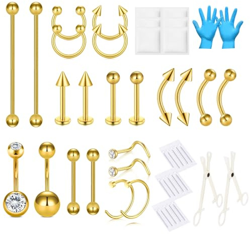 AVYRING Kit de 46 piercings para nariz, tabique, ombligo, cejas, labios, lengua, oreja, cartílago, tragus, hélice, piercing con joyas, 13G, 15G, 18G, acero inoxidable, herramientas y suministros, 13G
