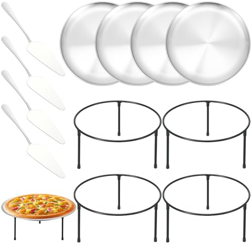 12 Pcs Pizza Pan Riser Stands Sets Includes 4 Round Pizza Tray Riser Rack Holder 4 12inch Pizza Pan and 4 Wood Handle Pie Server, Pizza Rack Stand Pizza Tray for Home and Party
