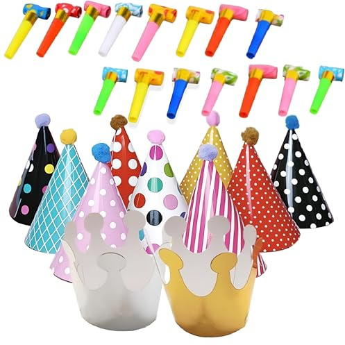 XDGBGFN 11 x Partyhüte für Geburtstagspartys mit Pompons, 15 x Blowouts, Mini-Partyhüte Set (9 Hüte + 2 Kronen) für Kinder und Erwachsene, Party-Dekoration