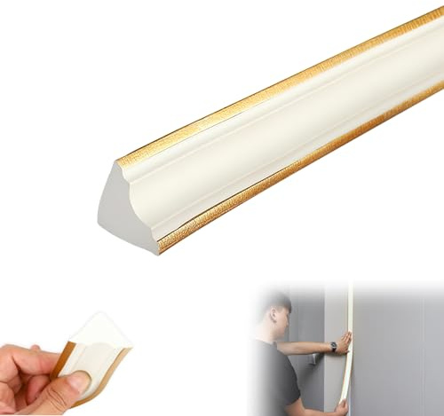 Molduras de techo autoadhesivas, 5M 36 x 26mm tiras de estuco autoadhesivas, PVC triangular con adhesivo adhesivo, borde dorado, tira flexible para las esquinas interiores de salón, cocina, dormitorio