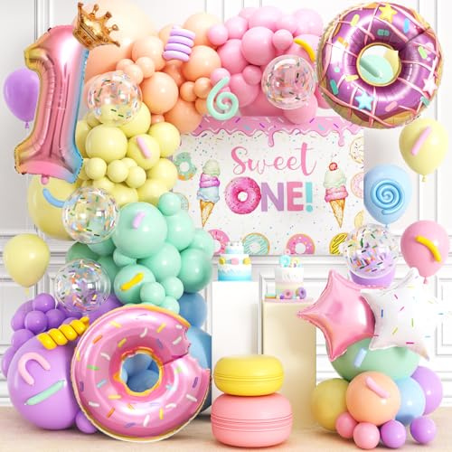 Toyssa Geburtstagsdeko 1 Jahr Mädchen, 177 Stück Krapfen Pastell Deko 1. Geburtstag Mädchen mit Folienballons Hintergrund, Luftballon Girlande Pastell für Erster Geburtstag Kinder