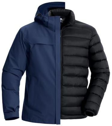 Pioneer Camp Giacca da sci 3 in 1 da uomo, con fodera in piuma, impermeabile e antivento, calda giacca da snowboard con cappuccio regolabile, blu navy, XL