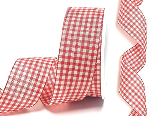 s.dekoda Schleifenband 15m x 40mm Rot - Beige kariert Karoband Dekoband Drahtband [D150]