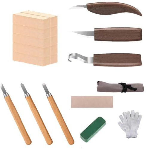 20 Tools Wood Carving Kit Beginners 3-Piece Set, Includes Knives Carving, Fabric Bag Storage, Wax Polishing, Safety Gloves, DIY Woodworking Ideal, Projects Craft Hobbyists and
