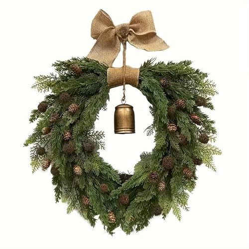1 pc 50cm Heart-Shaped Faux Pine & artificial Cypress Bell Christmas Wreath - Perfect for Holiday Home Decor, Wall Hanging