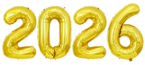 2026 Balloons, 2026 Number Foil Balloons, 16 inch Rose Gold Number Balloon, Happy New Years Decorations, Large Foil Balloon for New Years Eve Party Supplies (Gold)