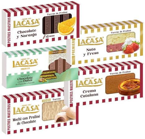 Pack Surtido 5 Turrones Lacasa:Cacao y Naranja,Crema Catalana,Nata y Fresa,Mochi con Praliné de Chocolate,Chocolate estilo Dubai