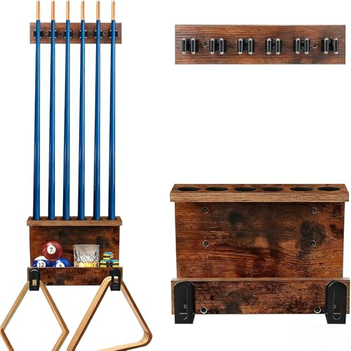 WeGXY Wandmontierter Billardqueuehalter aus Hartholz für 6 Queues - Platzsparendes Billard Queue Rack als Aufbewahrung für Billardzubehör, rustikaler Billard Queue Halter für Ihr Billardzimmer, Braun