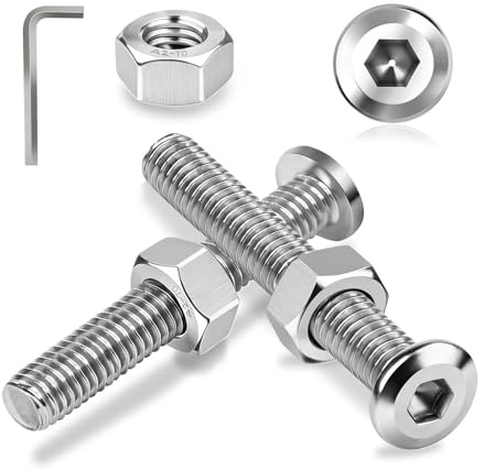 Ecitruz 12 uppsättningar skruvar rostfritt stål M8 x 80 mm platt huvudskruvar insexskruv och muttrar set linshuvudskruvar A2 V2A helgängade sexkantskruvar med muttrar för gör-det-själv möbelskruvar