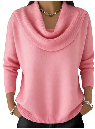 HUIFUAO Pull à col bénitier pour femme, pull habillé élégant en tricot automne et hiver, chaud, confortable, doux à manches longues, chemisier fantaisie pour fête, soirée, sortie, rose, L