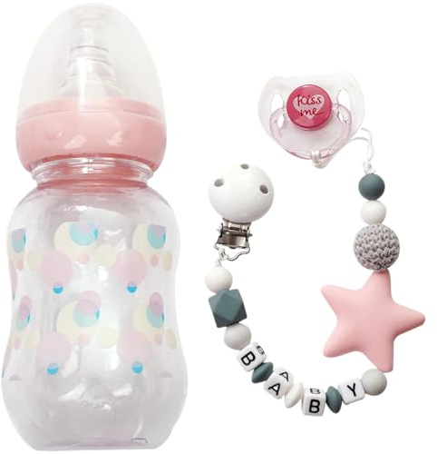 Monetais 3-teiliges Puppenzubehör-Set für Babypuppen aus Kunststoff mit Milchflasche, Schnuller und Schnullerkette, DIY-Baby zur Förderung der Entwicklungsfähigkeiten, Set