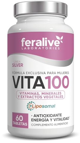 Feralive Laboratories Vita100 Mujer 60 Tabletas – Vitaminas, Minerales y Extractos Vegetales para Mujeres – con Cimicífuga, Moringa y Quercetina – Suplemento para Energía, Menopausia y Salud Ósea
