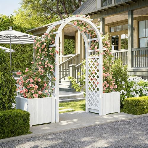 NEONMAN Arche de Jardin en Bois Massif avec 2 Jardinières, Pergola pour Rosiers et Clématites, Support Robuste pour Plantes Grimpantes, Décoration Jardin Exterieur(Blanc,140x44x228cm)