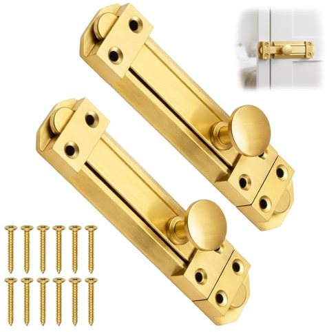 2 Piece Surface Mounted Sliding Door 5 inch, Durable Door Bolts, Golden Sliding Lock with Screws, for Internal External Doors Bathroom Bedroom Cabinets, Gold