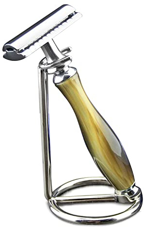 DE Sicherheitsrasiermesser mit Horn Replikat Griff und Ständer | Herren Rasieren & Pflegen Essentials | Geschenk für Ihn