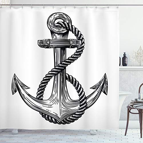 ABAKUHAUS Anker Duschvorhang, Vintage Sketch Seil, Stoffliches Gewebe Badezimmerdekorationsset mit Haken, 175 x 220 cm, Schwarz und weiß