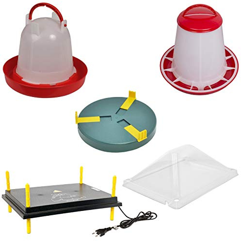 Kükenaufzucht Komplettset für bis zu 45 Küken, 40x50cm regelbare Wärmeplatte und Abdeckung + Tränke + Futterautomat + Tränkenwärmer, effiziente Heizleistung, robust, Aufzucht Küken Frostschutz