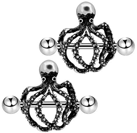 COCHARM 2PCS 14G Octopus Nipple Rings Nipple Piercing Jewelry for Women 14mm Short Nipple Shield Stainless Steel