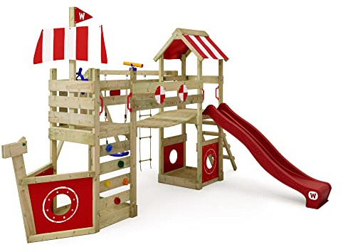 WICKEY Spielturm Klettergerüst StormFlyer mit Schaukel & roter Rutsche, Outdoor Kinder Kletterturm mit Sandkasten, Leiter & Spiel-Zubehör für den Garten