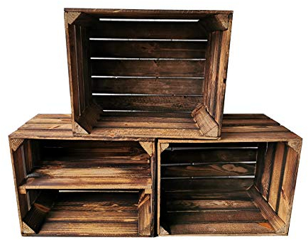 Teramico Alte geflammte Obstkisten / Holzkisten mit Zwischenboden LANG verarbeitet - Ideal für den Möbelbau - Tolle Set-Angebote (3er Set / 1 x Boden Lang)
