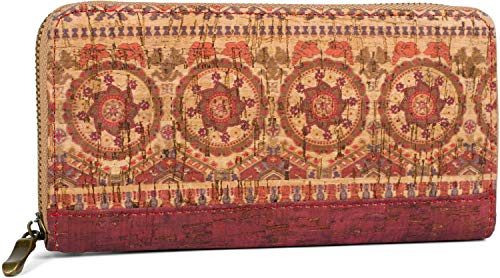 styleBREAKER Damen Geldbörse aus Kork mit Buntem Muster Print im Ethno Look, Reißverschluss, Portemonnaie 02040138, Farbe:Bordeaux-Rot-Beige