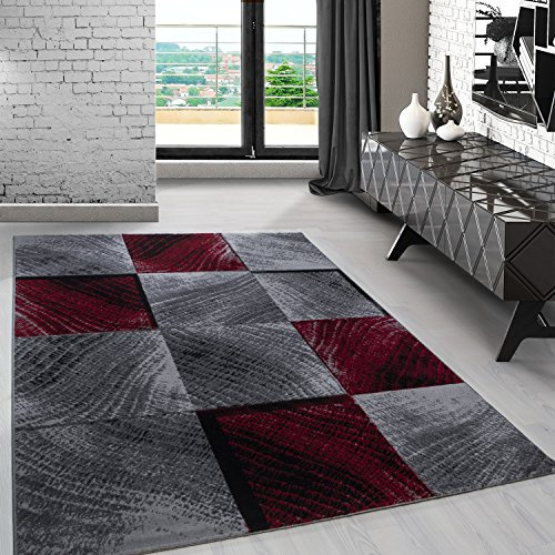 Carpetsale24 Teppich 200x290 cm Schwarz Rot Kurzflor Abstrakt Karo Design Moderner Teppich für Wohnzimmer Schlafzimmer Flur Küche Esszimmer Kinderzimmer Pflegeleicht Weich