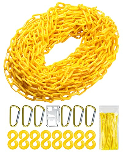 Yellow Plastic Chain - 50 32 65 Feet Plastic Safety Barrier Chain for Crowd Control, Parking Barrier and Delineator Post with Base - Safety Security Chain with Accessories
