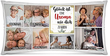 Print Royal Kissen selbst gestalten XXL - mit 7 Fotos Bedrucken - Glück ist eine Uroma wie Dich zu haben - Geschenk Geburtstag Weihnachten - Fotokissen in XXL inkl. Füllung, 80x40 cm